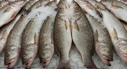 Obraz premium Mooneye Fish on Ice Supermarket Display - Fresh mooneye fish displayed on ice in a supermarket, symbolizing freshness, healthy eating, seafood market, abundance, and culinary delight.