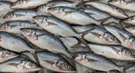 Obraz premium Longnose Gar on Ice at the Supermarket - Fresh longnose gar fish, glistening and chilled on ice, ready for sale at a supermarket. Symbols of freshness, abundance, healthy eating, commerce
