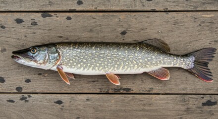 Obraz premium Northern Pike on Rustic Wood Background - Freshly caught Northern Pike rests on weathered wood, symbolizing nature, fishing, food, wilderness, and aquatic life.