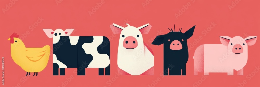 Poster vibrant geometric illustration featuring cows, pigs, and chickens in a minimalist style with a clean