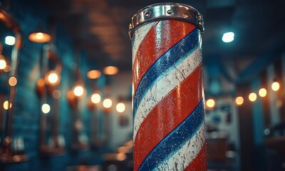 Vintage barber pole in dimly lit shop