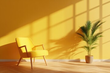 Fototapeta premium Minimalist Living Space with Yellow Armchair and Green Plant in Sunlit Room