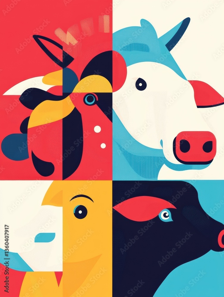 Poster stylish geometric illustration of cows, pigs, and chickens in vibrant colors with clean lines and mo