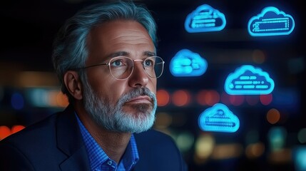 Businessman Contemplating Cloud Technology with Futuristic Digital Interface