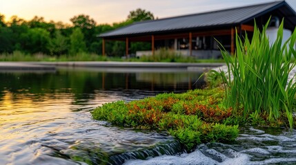 Tranquil pond with sunset view