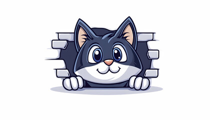 Playful cartoon cat peeking through a hole in a wall