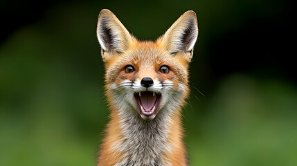 Fototapeta premium Playful red fox kit with mouth open, facing camera against blurred green background