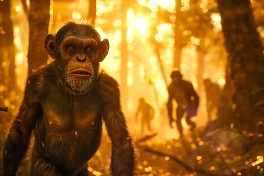 Lifelike reconstruction of extinct Australopithecus afarensis including Lucy walking upright through African woodland small ape like hominin mix of human primate feature long arm slightly protruding