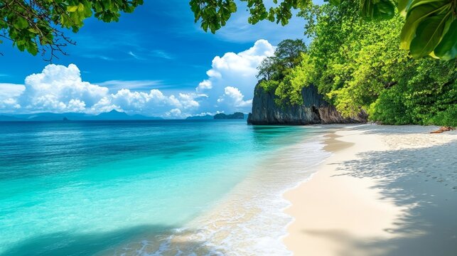 A tropical beach with turquoise waters and white sand