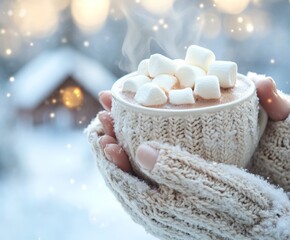 Fototapeta premium A person is holding a mug of hot chocolate with marshmallows in their hand. The mug is white and the marshmallows are white as well. The scene is set in a snowy environment