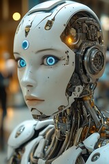 Fototapeta premium Female Robot Portrait with Futuristic City.