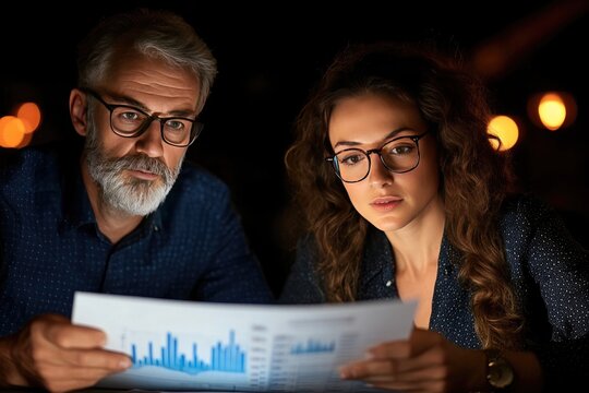 Focused Business Professionals Analyzing Financial Reports Under Low Light