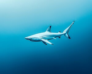 Shark swimming deep ocean blue water.