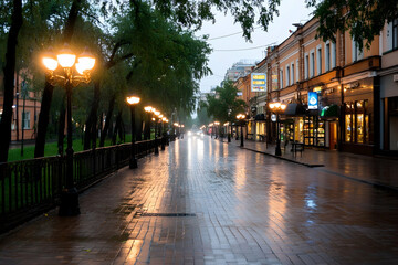 Rainy evening on a city street, illuminated by lampposts reflecting on wet pavement