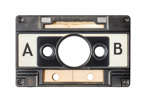 Old vintage tape recorder and audio cassette isolated on white background