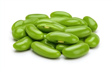 Green beans piled on a white background showcasing their smooth textures and vibrant color in a natural arrangement
