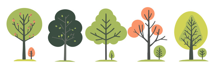 Set of tree and leaf collection hand drawn flat design vector element. botanical set of bare trees and ones with leaves and lush green