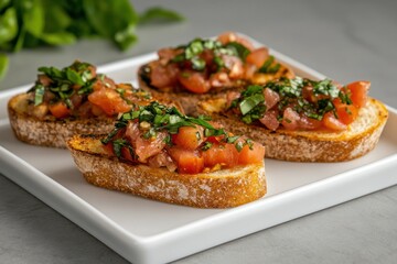 Fresh bruschetta served on toasted bread with tomatoes and herbs in a bright kitchen