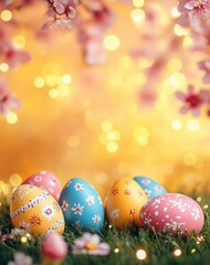 Colorful decorated Easter eggs on green grass with pink blossoms and soft golden bokeh background creating a festive spring atmosphere
