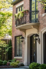 Fototapeta premium Elegant brick building with a charming balcony adorned with greenery, surrounded by lush trees and inviting landscaping in a serene residential neighborhood on a sunny day