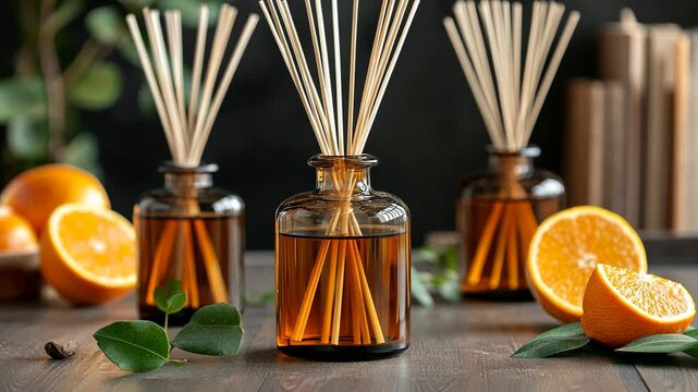 Scented oil diffusers with orange slices and greenery set on a wooden table indoors