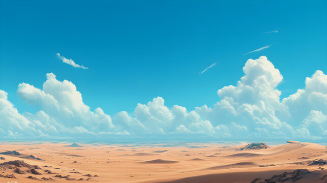 The expansive blue sky stretches above a vast desert, where the rolling dunes of sand create a never-ending landscape of warmth and solitude