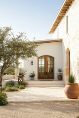 Elegant entrance to a modern home featuring natural stone and wooden doors with a landscaped front yard in bright daylight