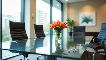 Modern office conference room with flowers on glass table  