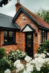 Obraz premium A delightful brick cottage featuring a striking dark door, elegantly framed by a stunning array of white flowers, all set against a serene garden backdrop on a cloudy day