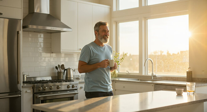 Man enjoying coffee in a bright kitchen at sunrise  