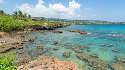 Serene Coastal Vista: Turquoise Waters and Rocky Shore