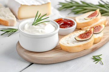 artisan food spread on rustic wood board, featuring fresh baguette slices, fig jam, creamy cheese, and rosemary