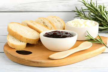 artisan food spread on rustic wood board, featuring fresh baguette slices, fig jam, creamy cheese, and rosemary