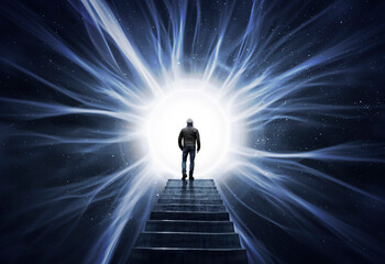 Photomontage. Man Walking Towards the Light rays