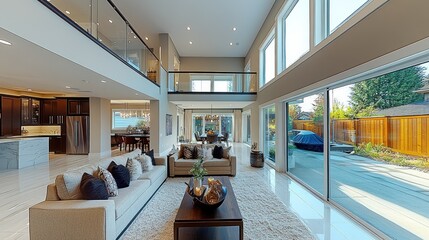 Modern Open-Concept Home Interior.  Large, bright living space with high ceilings and floor-to-ceiling windows overlooking a backyard.  Luxury, contemporary style
