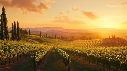 Fototapeta premium A scenic view of a vineyard at sunrise, with rows of grapevines stretching into the distance