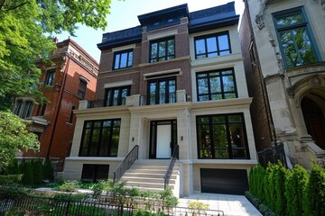 Modern residential building with sleek design and large windows in an upscale neighborhood surrounded by greenery during daytime