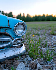 Rusted vintage car's headlight sits in a field at sunset