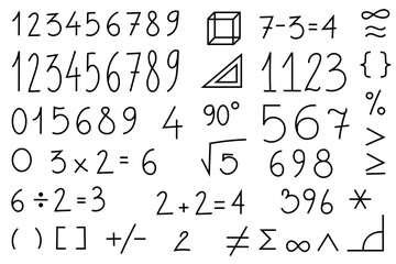 Hand-drawn numbers, mathematical symbols, and signs in a doodle style. Perfect for educational materials, posters, worksheets, banners, and digital content related to math, learning  and school