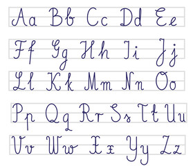 Cursive handwriting alphabet chart with uppercase and lowercase letters on lined guides. Perfect for educational materials, handwriting practice sheets, teaching resources, and school posters.