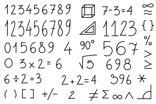 Hand-drawn numbers, mathematical symbols, and signs in a doodle style. Perfect for educational materials, posters, worksheets, banners, and digital content related to math, learning  and school