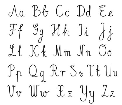 Cursive handwriting alphabet chart with uppercase and lowercase letters on lined guides. Perfect for educational materials, handwriting practice sheets, teaching resources, and school posters.