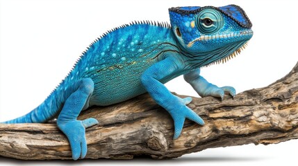 Obraz premium Vibrant blue lizard climbing on a branch in a well-lit environment showcasing its detailed scales and colors