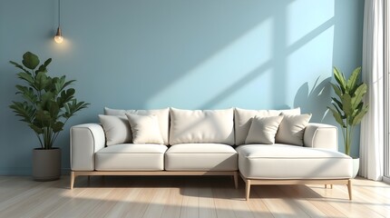 Modern living room design with stylish furniture in Japandi style, minimalist and elegant