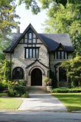 A charming historic stone house, featuring intricate architectural designs, is beautifully enveloped by vibrant, lush greenery on a sunny day in a picturesque suburban neighborhood
