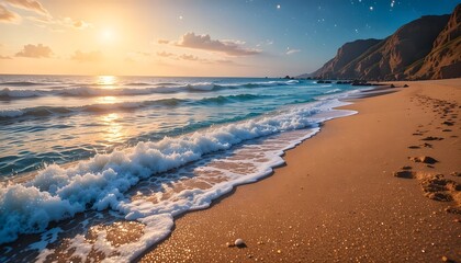 "Golden Sunset Over a Serene Beach with Gentle Waves"
