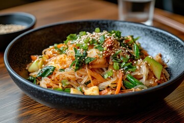 Delicious vegetable stir-fry served in a black bowl garnished with sesame seeds and herbs