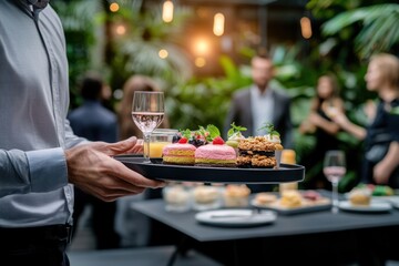 Elegant dessert presentation at a modern event in a lush garden setting during an evening gathering