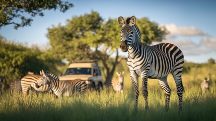 Zebras grazing in the savannah near a safari vehicle during a sunny afternoon