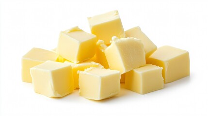 A gourmet composition of butter cubes neatly arranged in a geometric pattern, isolated white background